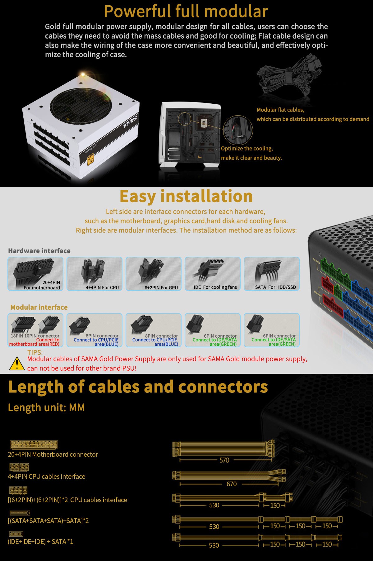 SAMA 650W Power Supply 80 Plus Gold Full Voltage Full Modular ECO Mode