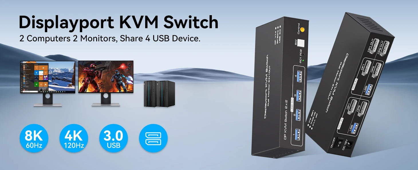 8K@60Hz Displayport KVM Switch 2 Monitors 2 Computers, 4K@120Hz Dual Monitor DisplayPort USB 3.0 KVM