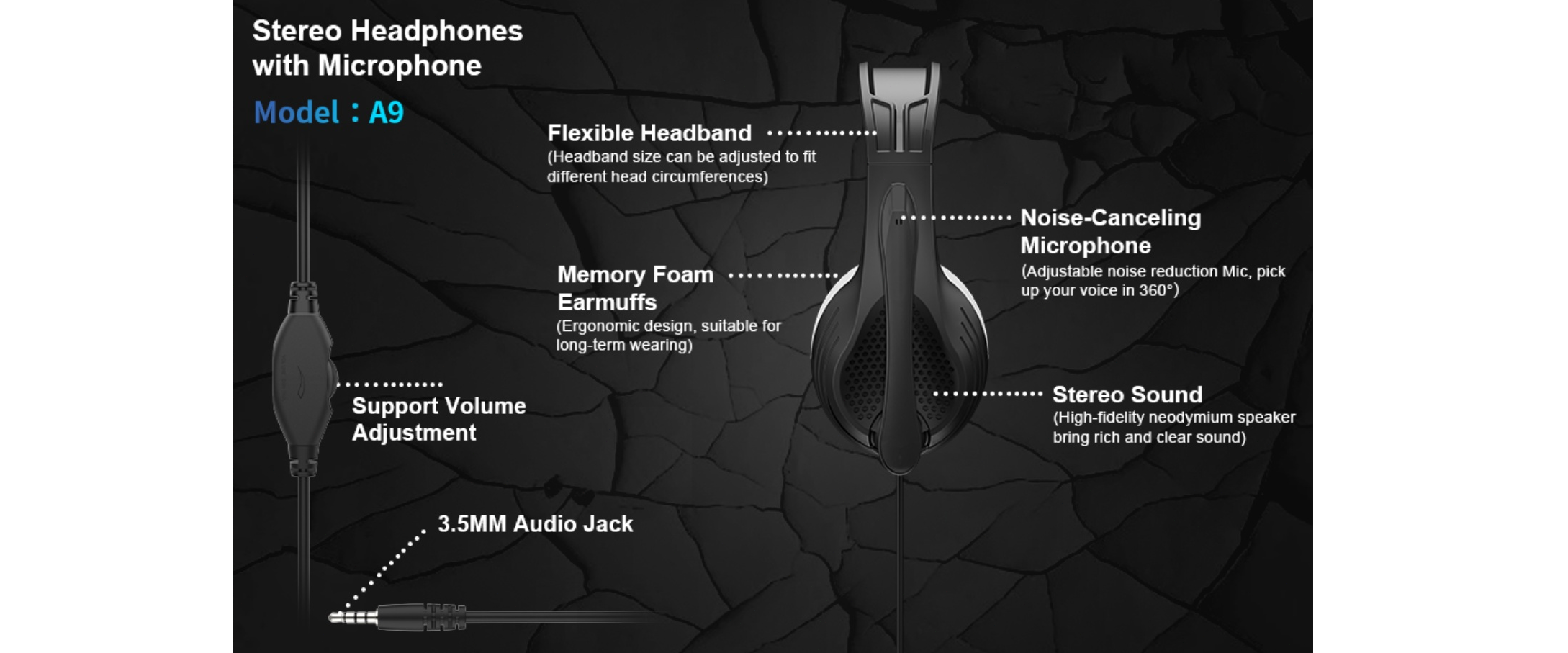 Anivia A9 headset structure, adjustable headband, 3.5mm wired
