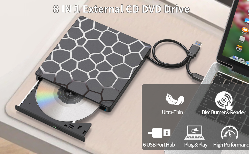 External CD DVD Drive for Laptop, 8 in 1 USB 3.0 Type-C Disc Reader Writer Burner Player with 4 USB