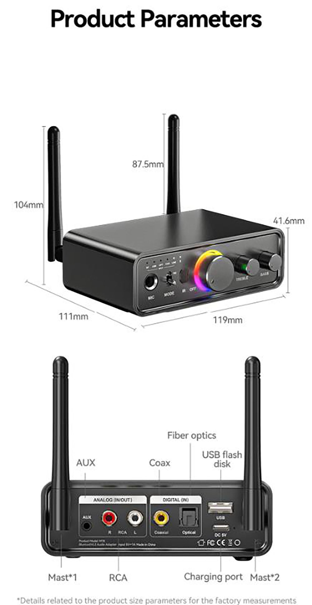 Hitoor RGB Bluetooth 5.3 Audio Transmitter Receiver for Home Stereo TV, HiFi Wireless Bluetooth Low