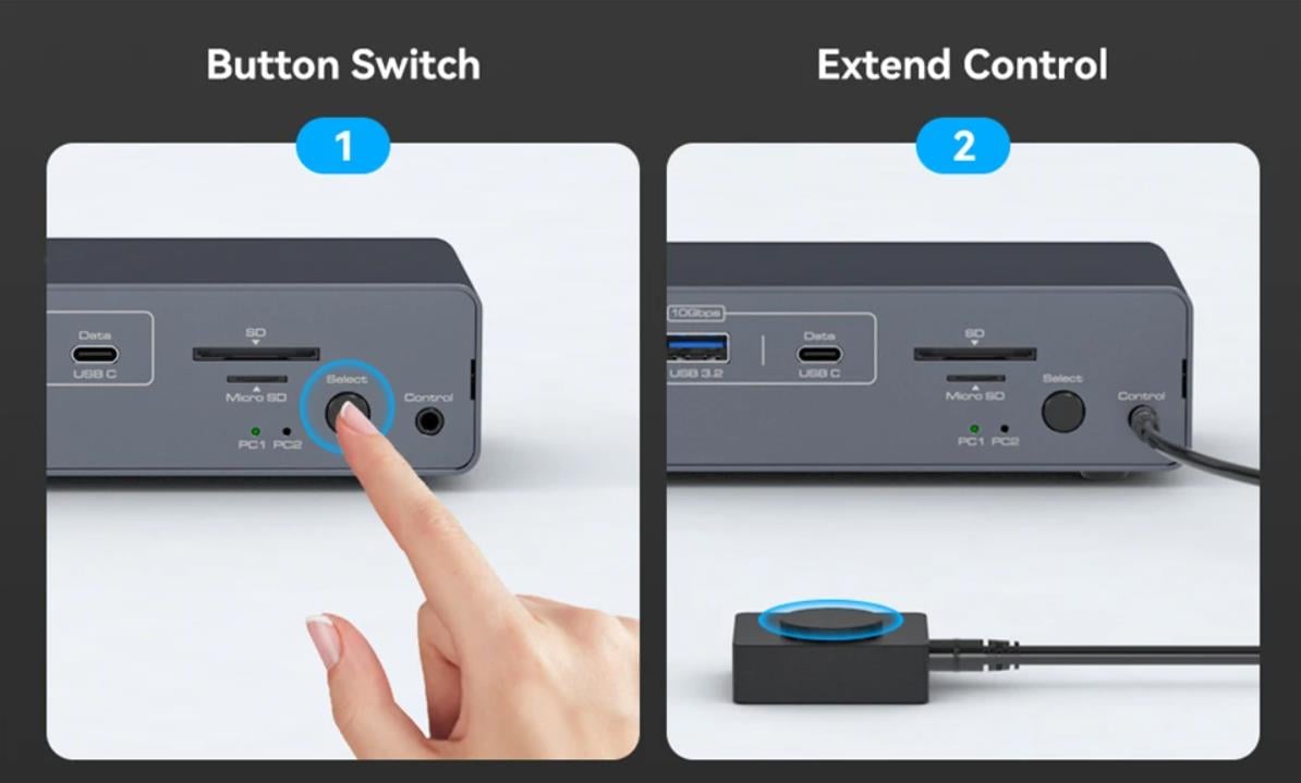 ONE BUTTON TO SWITCH  1. Desktop extension button lets you hide the extension under your desk or out