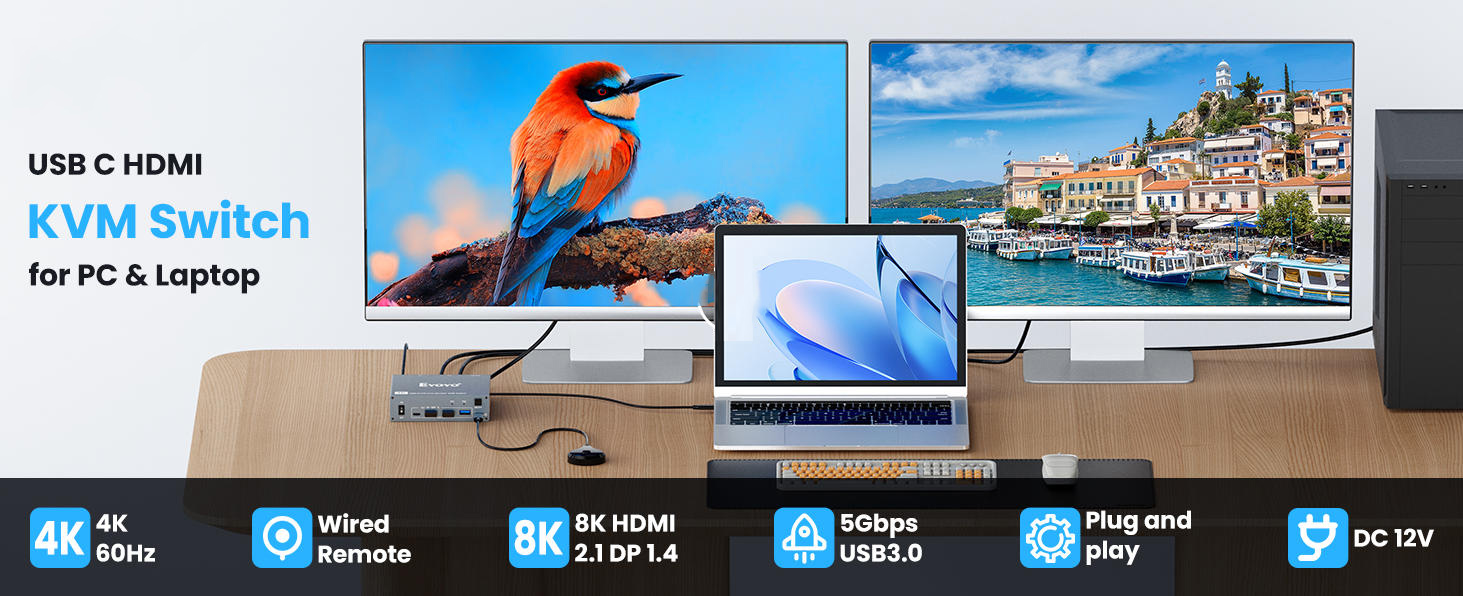 KVM Switch 2 Monitor for 1 Laptop & 1 Desktop