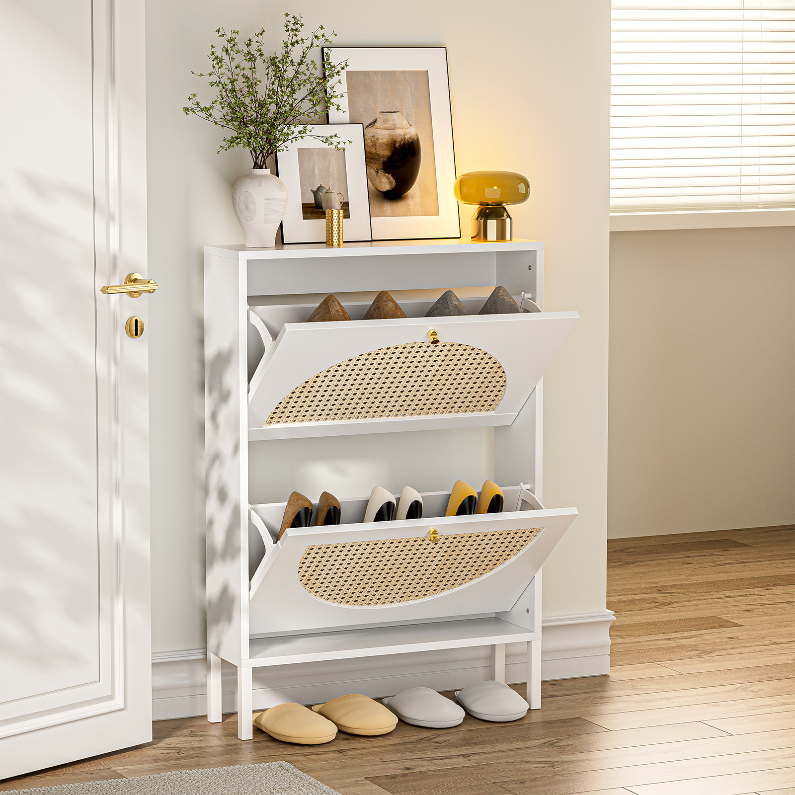 White Rattan Shoe Cabinet Set of 2, Narrow Free Standing Shoe Racks with 2  Flip Drawers And Metal Legs, Shoe Storage Cabinet for Entryway, Bedroom,  Living Room, Apartment 