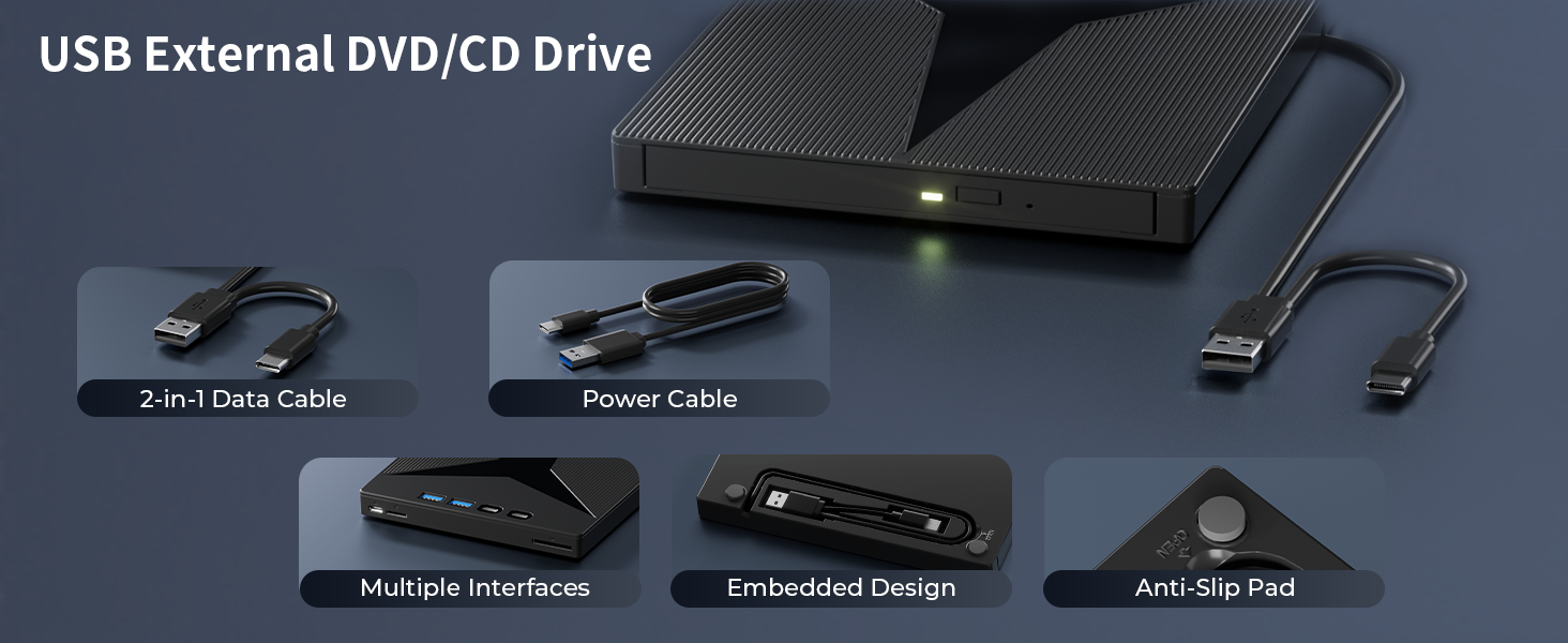 7 in 1 External CD Drive, Portable External CD/DVD Drive for Laptop