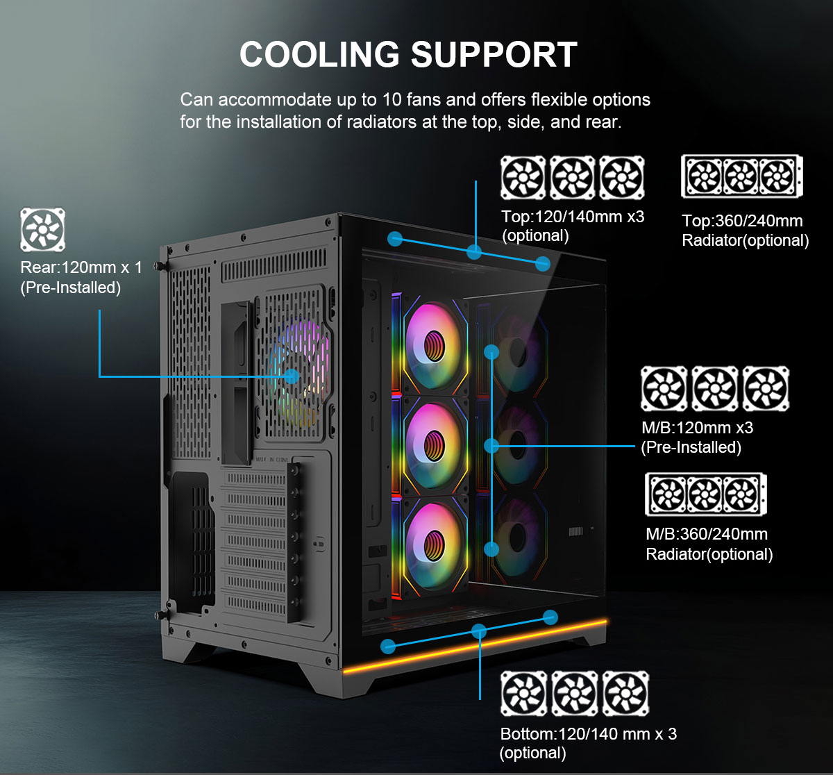 DIYPC ARGB-DC200-BK Black Dual Chamber Gaming Computer Case