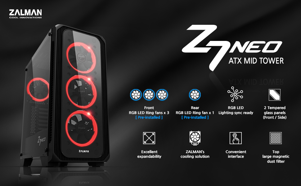 Zalman Zalman Z7 NEO ATX Mid-Tower Gaming PC Case, Tempered Glass Side Panel ...