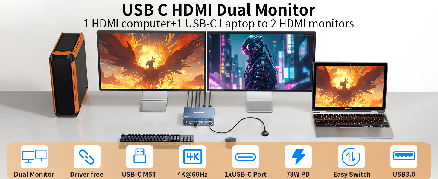 USB C HDMI Dual Monitor 1 HDMI computer + 1 USB-C Laptop to 2 HDMI monitors