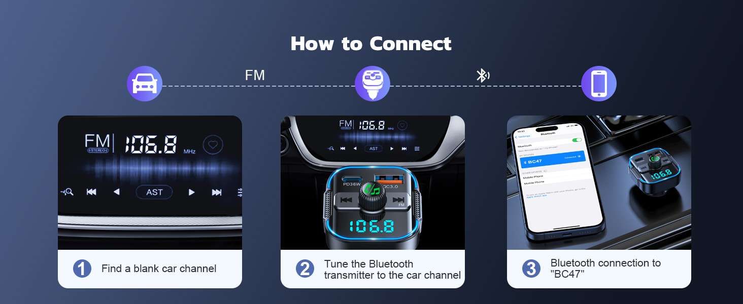 Upgrade Bluetooth 5.3 Car Adapter [PD 36W+QC3.0 18W], 2-in-1 FM Transmitter [Dual Stronger Mics] & F
