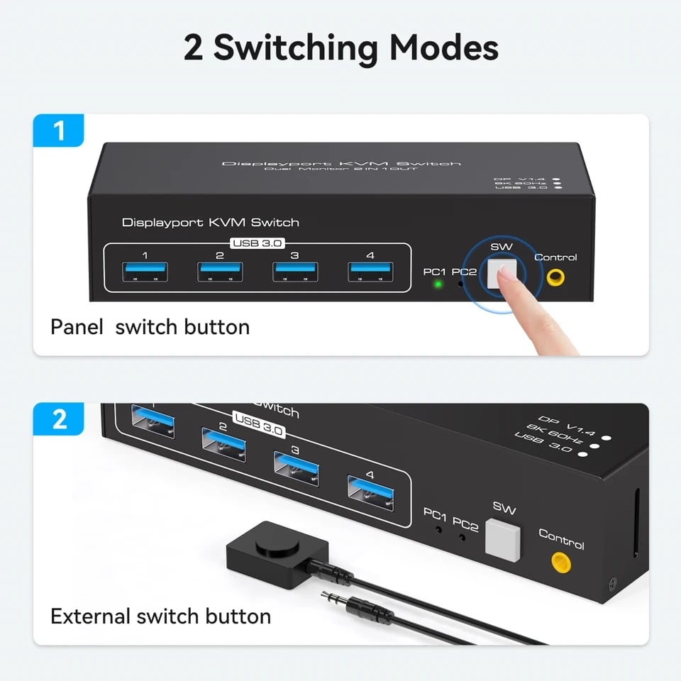 Display port DP KVM Switch 2 Port Dual Monitor Extended Display