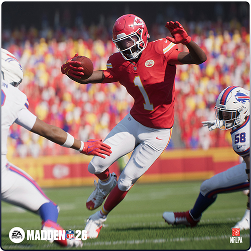 Madden NFL 26 gameplay screenshot showing explosive NFL player movement with running back breaking through defense