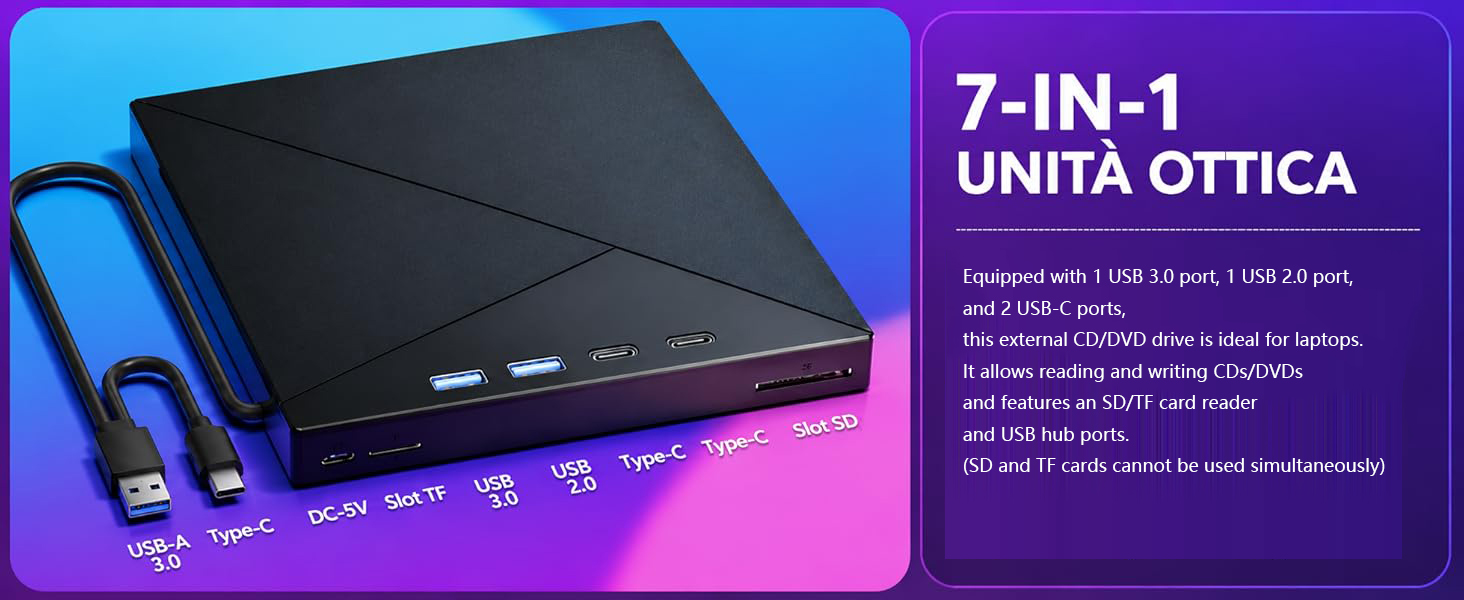 External CD DVD Drive for Laptop PC, External DVD CD Burner, USB 3.0 Type C External CD Drive