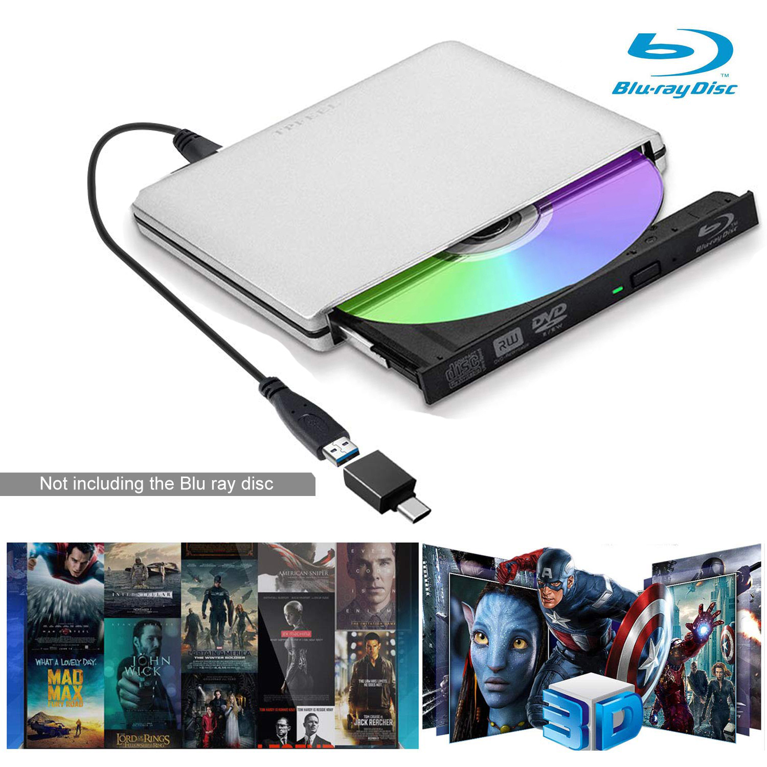 Blu-ray External DVD CD Drive USB3.0/USB-C BD 3D Blu-ray Player