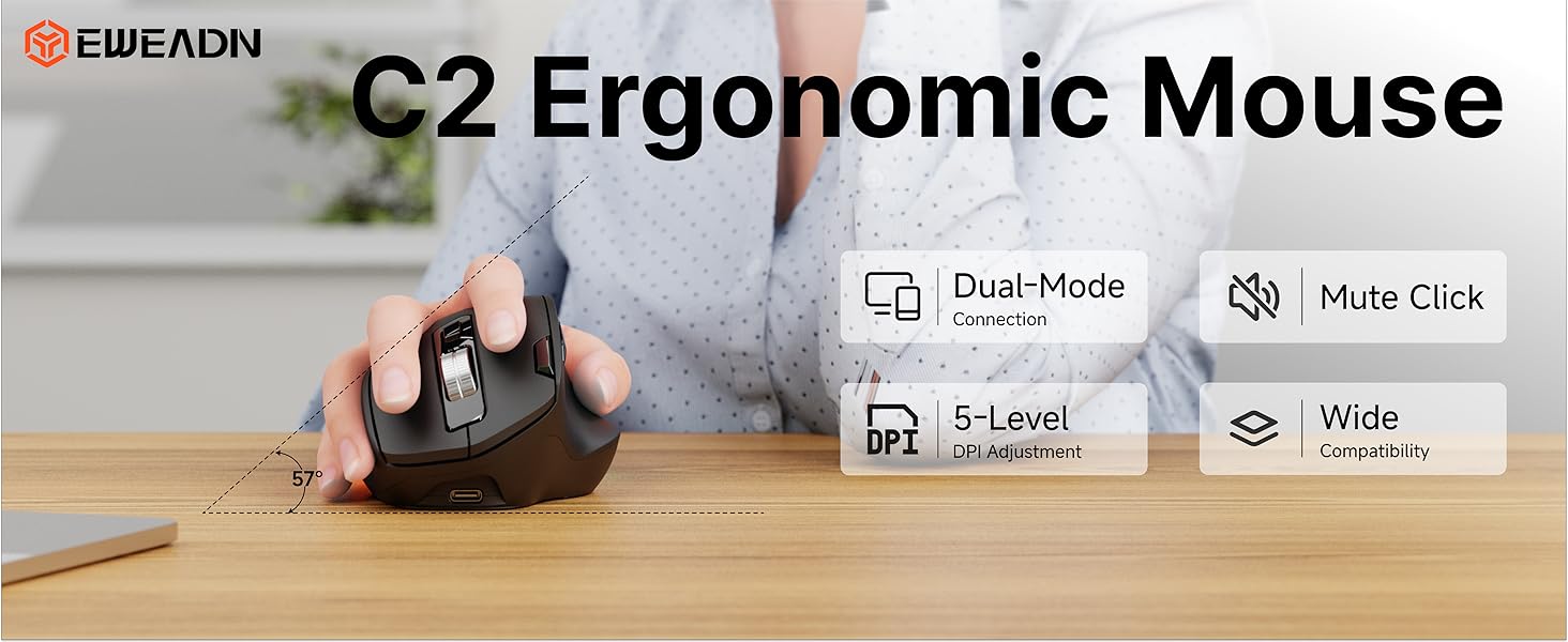 Ergonomic Mouse, Wireless Computer Mouse (BT&2.4G) for Work/Office, 5 Adjustable 4000 DPI