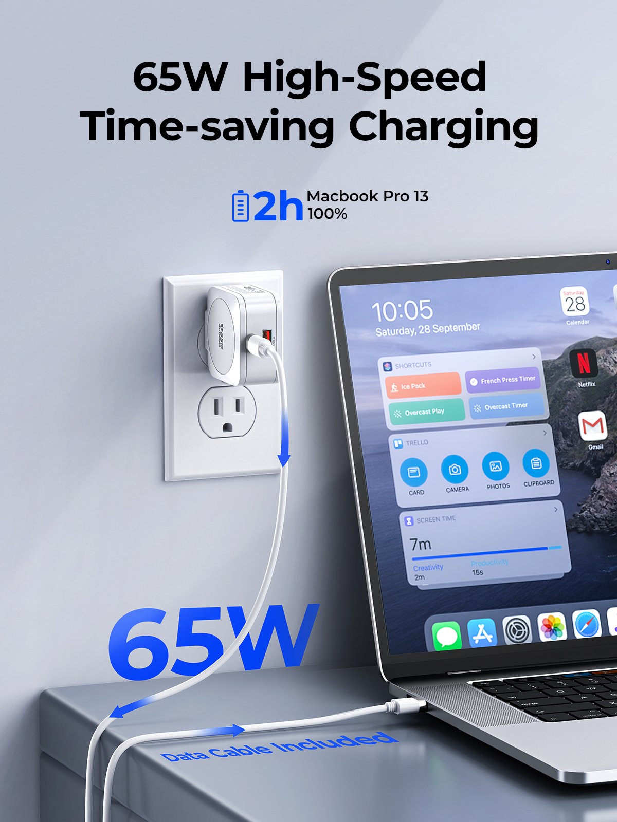 ORICO GaN USB C Charger with USB C Cable, 65W Power Delivery + QC3.0 USB A Double Port Fast Charging