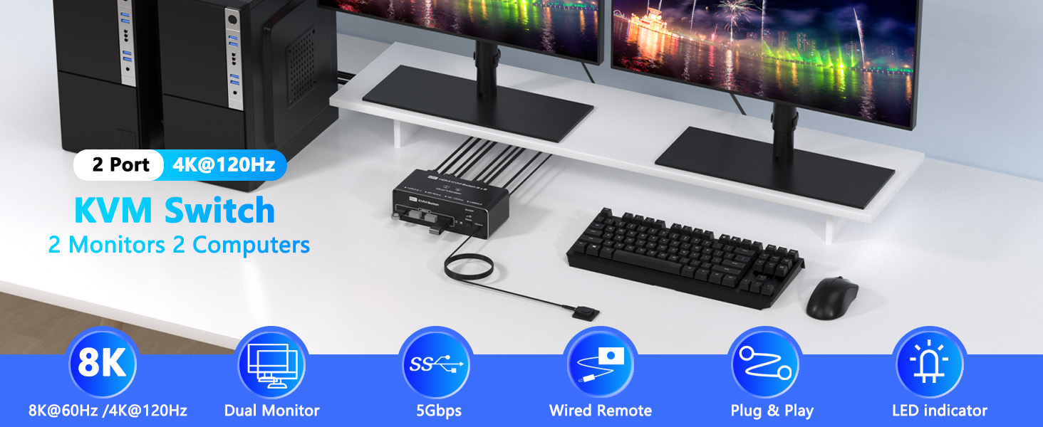 KVM Switch 2 Monitors 2 Computers, 8K@60Hz HDMI + Displayport KVM Switch
