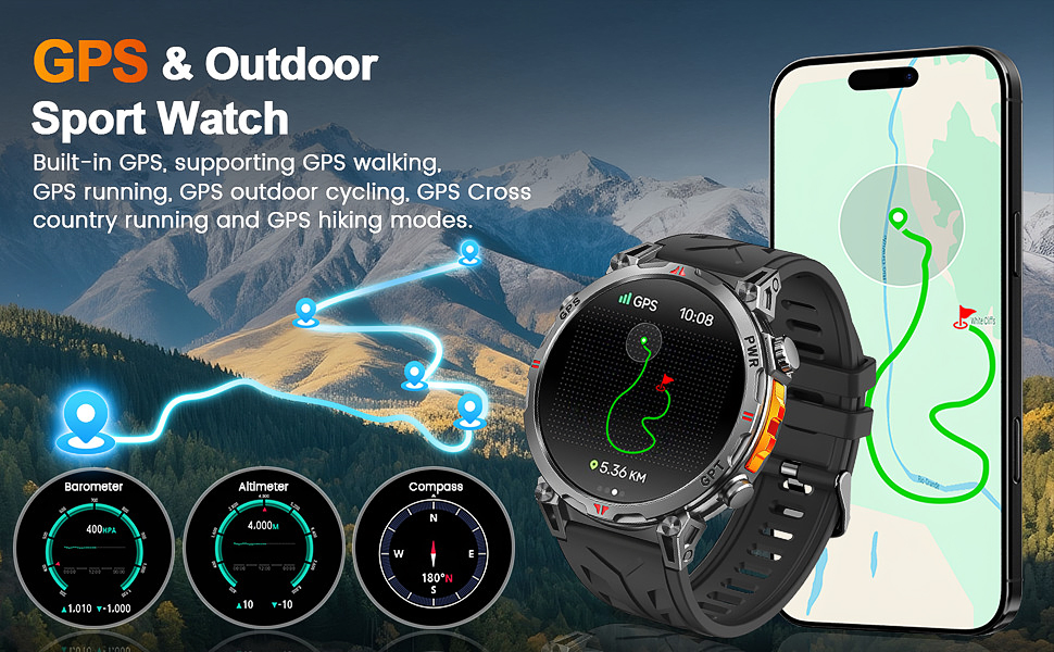 GPS Military Smart Watches for Men, 1.56" AMOLED Screen Bluetooth Call, Smartwatch for Android Phone