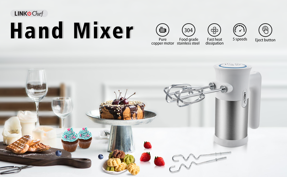 Hand Mixer, LINKChef Hand Mixer Electric 5 speed beater for Whipping +  Mixing Cookies, Brownies, Cakes, Dough, Batters, Meringues & More 