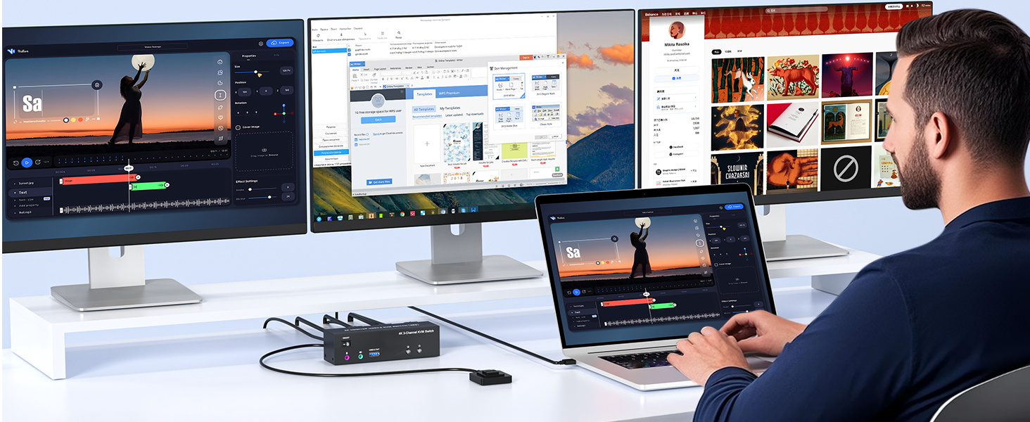 4K KVM Switch 3 Monitors 2 Computers Triple Monitor Displayport + 2 HDMI USB 3.0 KVM Switches