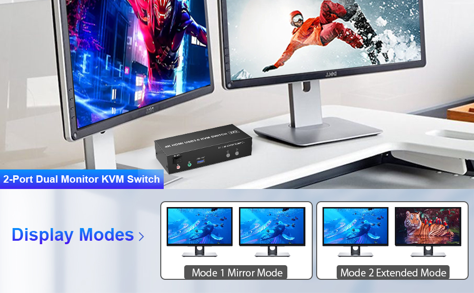 This USB 3.0 KVM Switch KVM Switch 2 Computer 2 Monitor supports two modes of switching (mirroring o