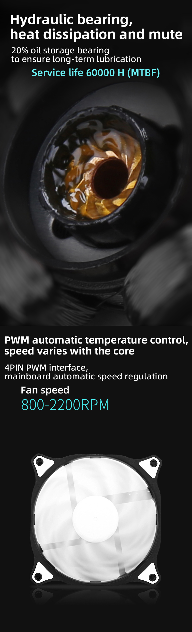 Hydraulic bearing heat dissipation and mute pwM automatic temperature control