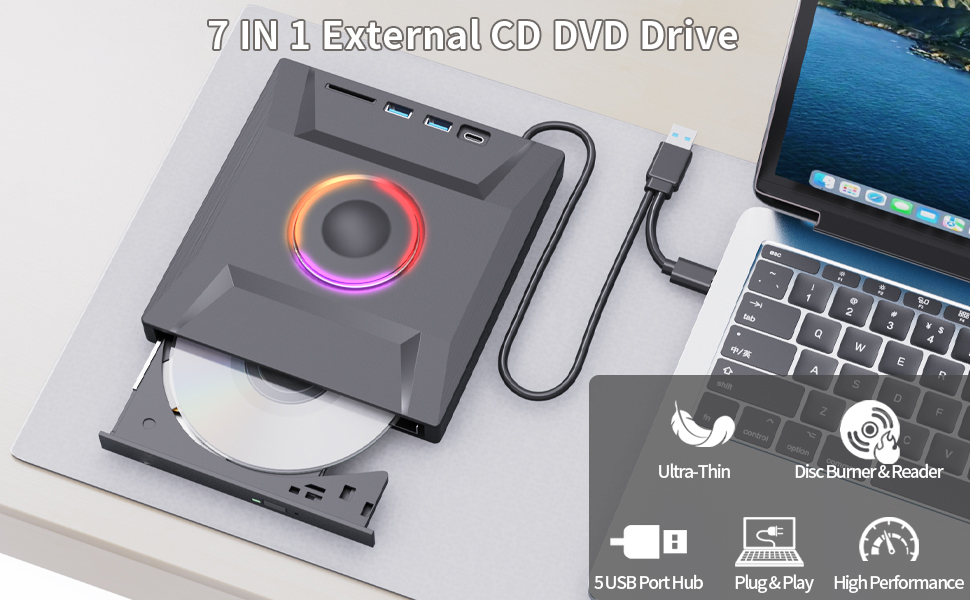 External CD DVD Drive, 6 in 1 USB 3.0 and Type-C Disc Reader Writer Portable DVD Burner Player
