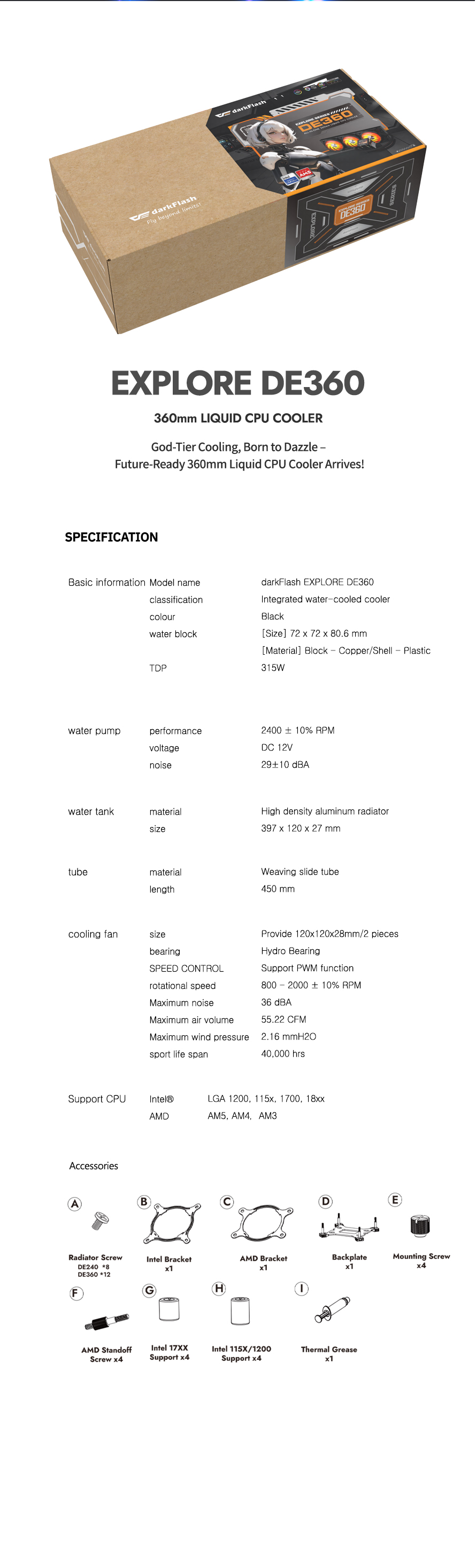darkFlash DE360 360mm AIO Liquid CPU Cooler  2.88" IPS Display 5V ARGB Lighting Copper Water