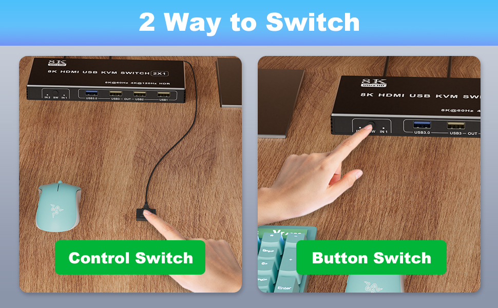 Important Note:  1) This 8K KVM HDMI Switch does NOT support keyboard hotkey switching 2) Both HDMI