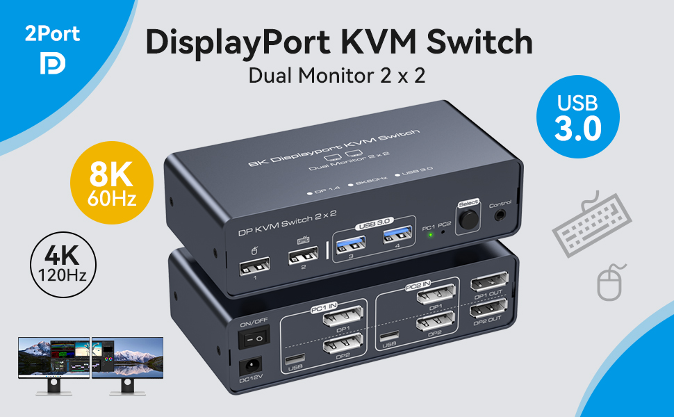 8K 2 in 2 Out DisplayPort KVM Switch 2 Monitors 2 Computers 4K120Hz, Aluminum Dual Monitor Displaypo