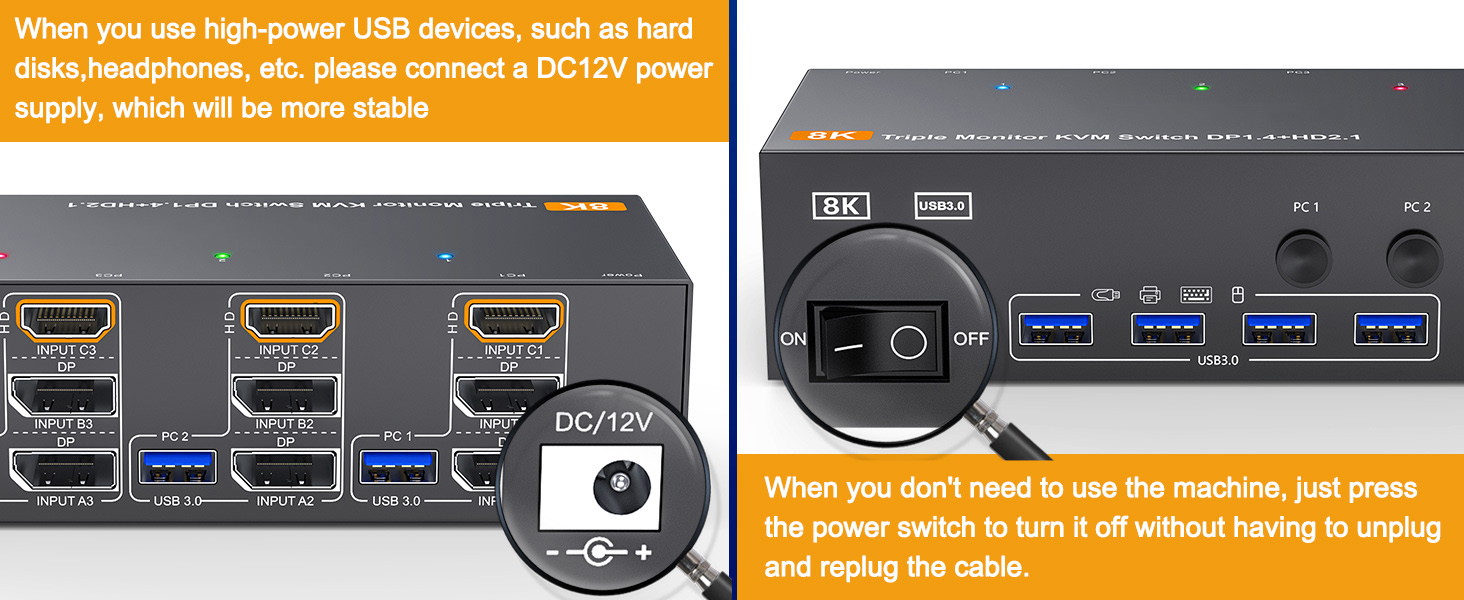 Please connect the USB ports on the input side of PC1,PC2 and PC3 to the computers and KVM using the