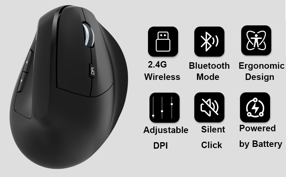 Wireless Mouse Ergonomic (Bluetooth + USB) Dual Mode Vertical Silent Portable Multi Device Ergo Upri