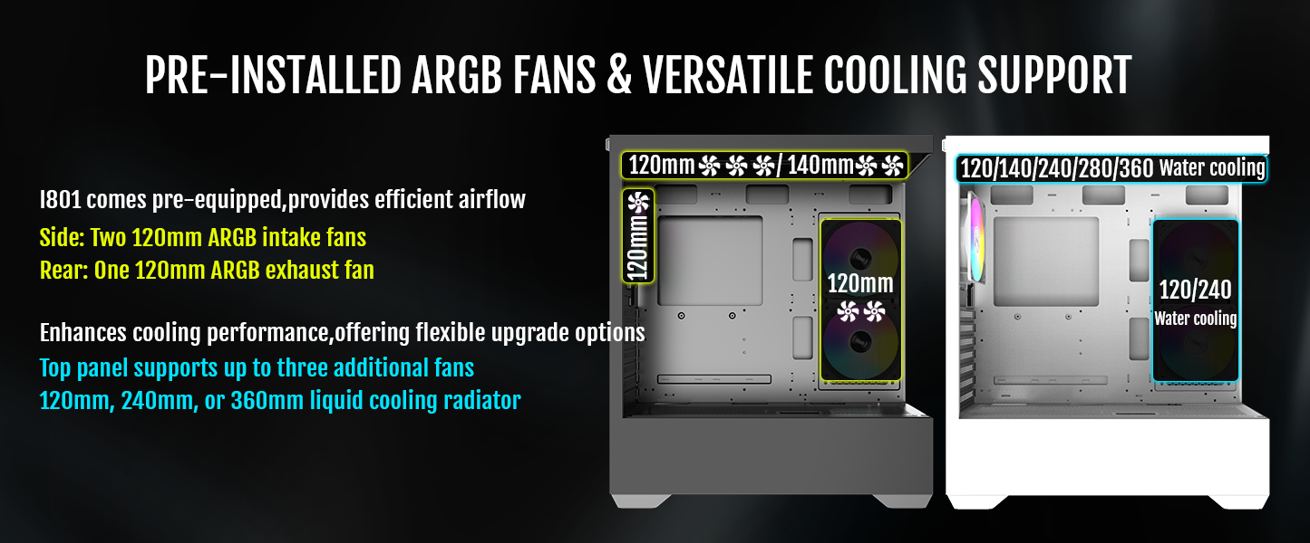 Raidmax i801 ATX gaming mid tower chassis, 270 panoramic tempered glass, ARGB 120mm fans