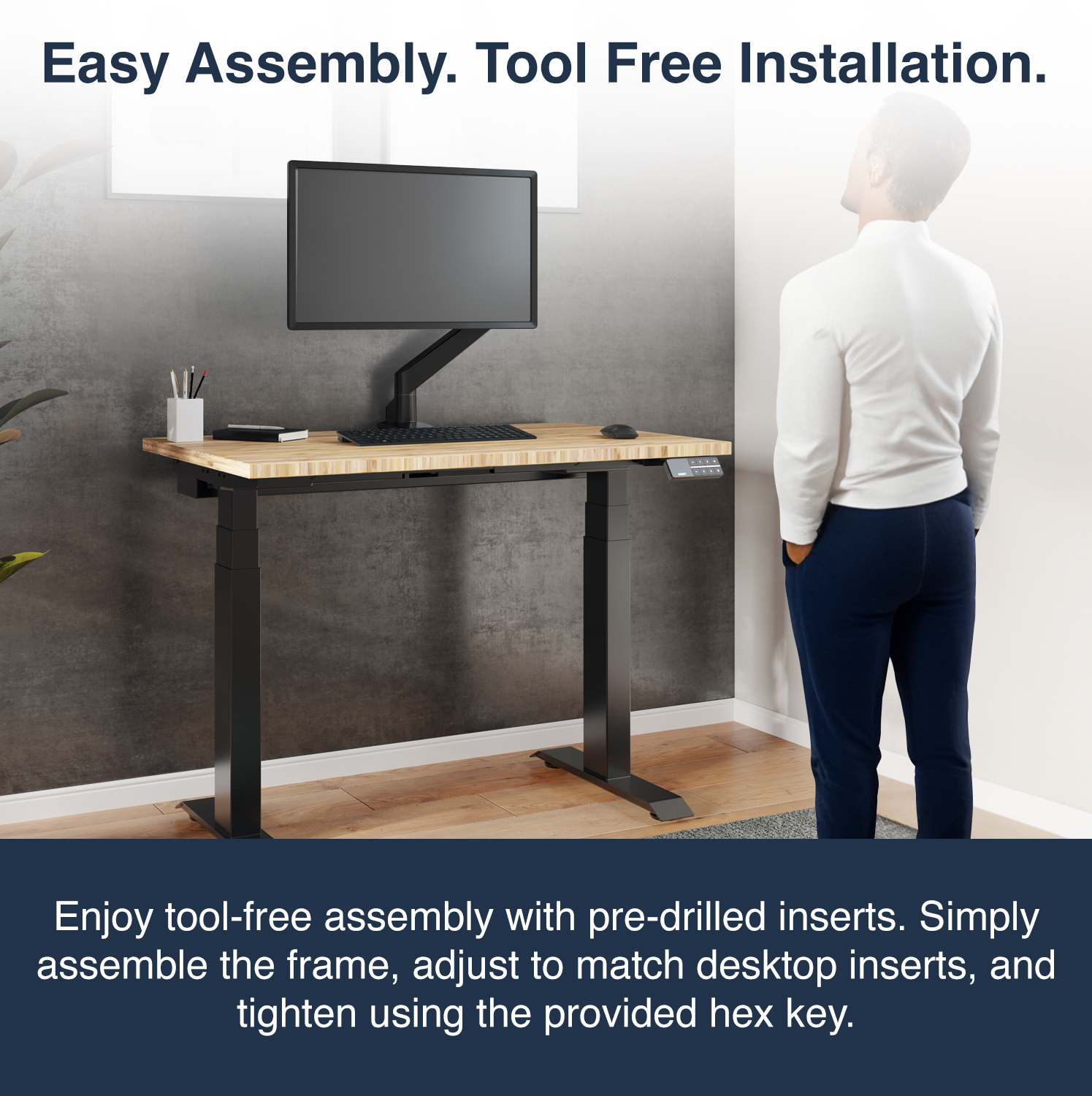 mini standing desk, small sit stand desk, bamboo standing desk, compact desk, height adjustable desk