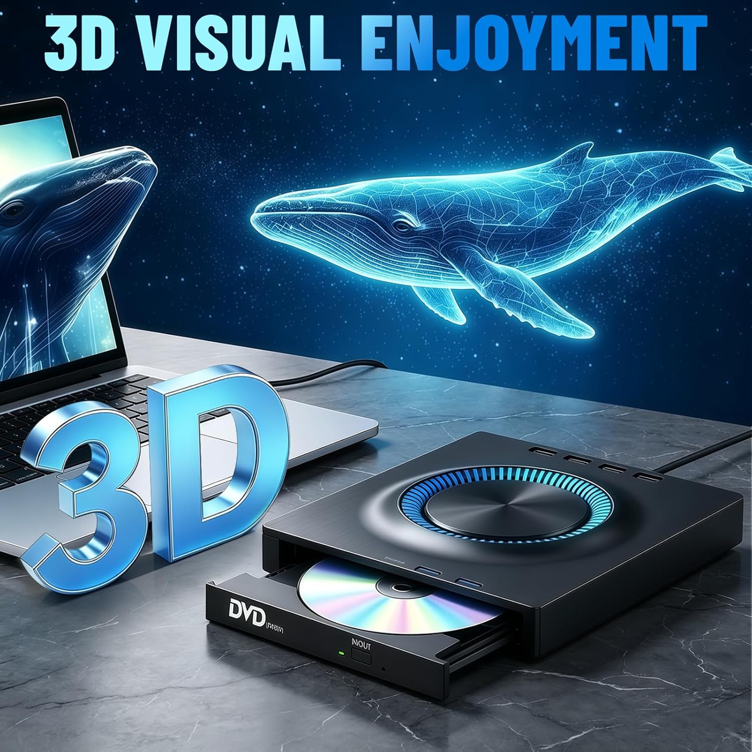 External Blu-ray DVD Drive, 7-in-1 Bluray/DVD/CD Burner With RGB Ambient Light, Portable Ultra-Slim