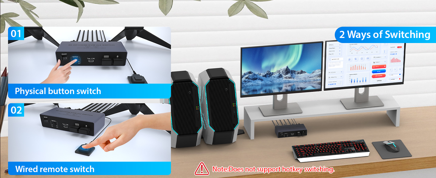 HDMI+DisplayPort Dual Monitor KVM Switch for 2 Computers 2 Monitors, Aluminum 8K@60Hz KVM Switch