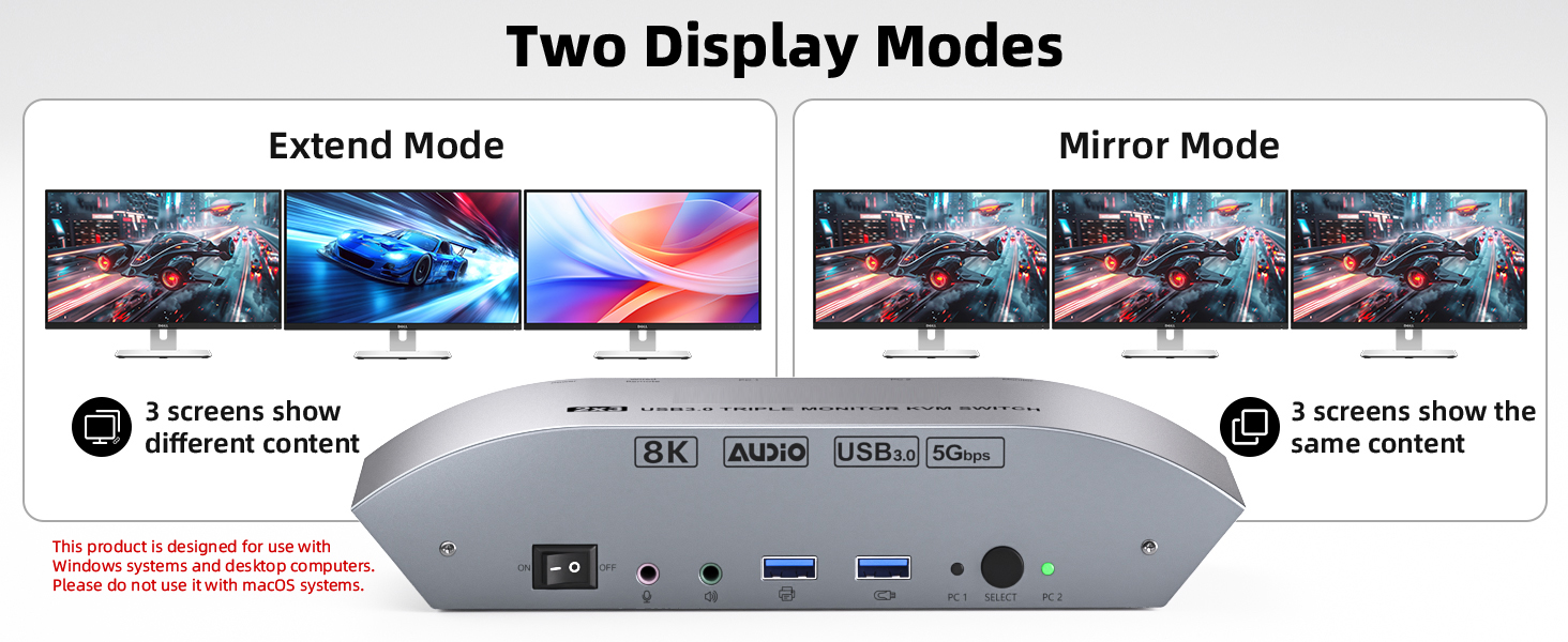 KVM Switch 3 Monitors 2 Computers with Audio, HDMI & 2 DisplayPort Desktop Triple Monitor KVM Switch