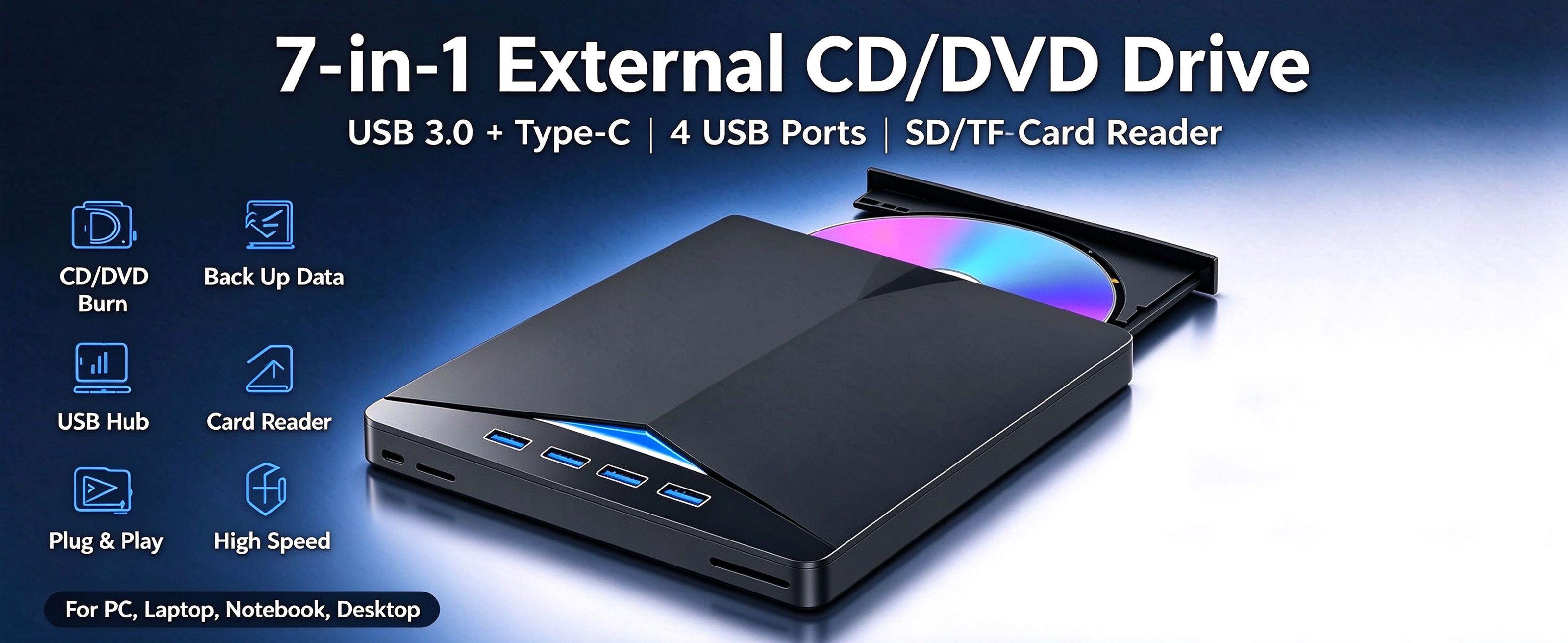 7-in-1 Multi-functional External CD/DVD Drive 4 x USB A ports, SD card reader, USB 3.0 & Type-C Port