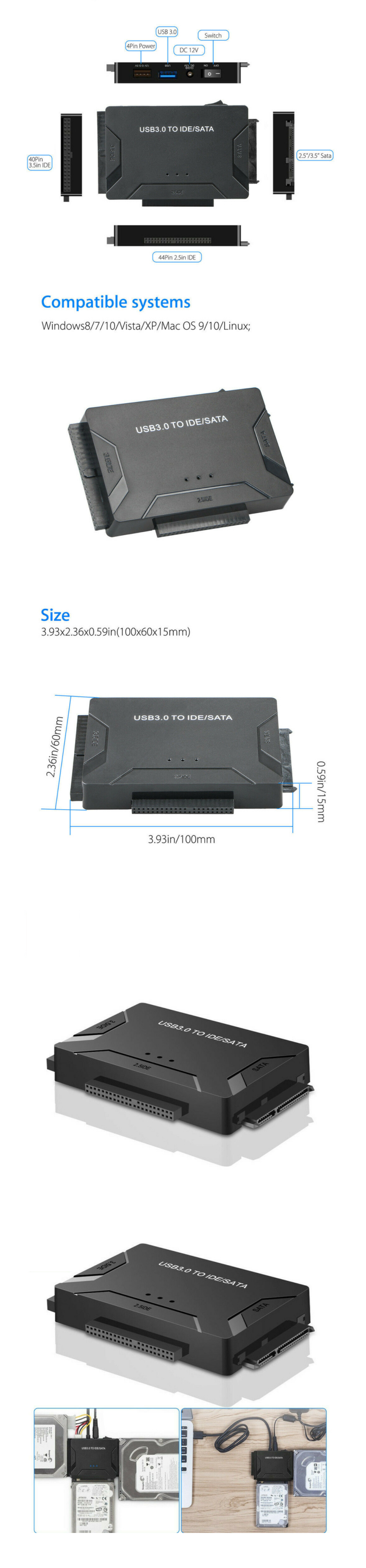 PHIXERO SATA to USB 3.0 Adapter for 2.5/3.5 inch HDD/SSD Support UASP,SATA  to USB with 12V/2A Power Adapter for SATA I/II/III,USB to SATA Adapter