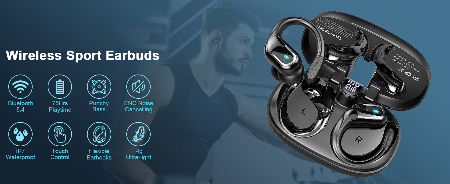 Wireless Earbuds, Bluetooth 5.4 Headphones Sport, 75H Stereo Wireless Earphones with 4 ENC Noise Can