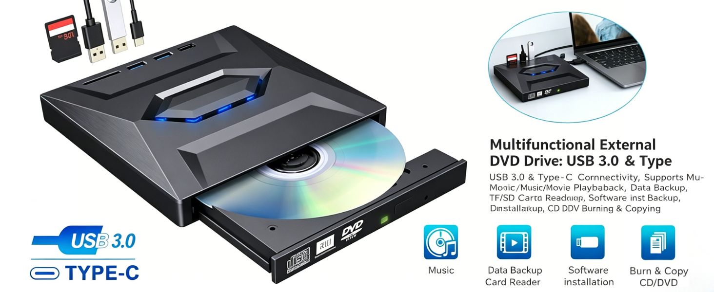 5-in-1 External CD DVD Drive for Laptop, USB 3.0 & USB C Portable DVD Burner
