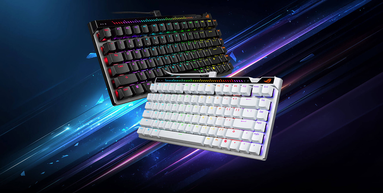 Black and White ROG Falchion Ace 75 HE analog gaming keyboard on an aesthetic background