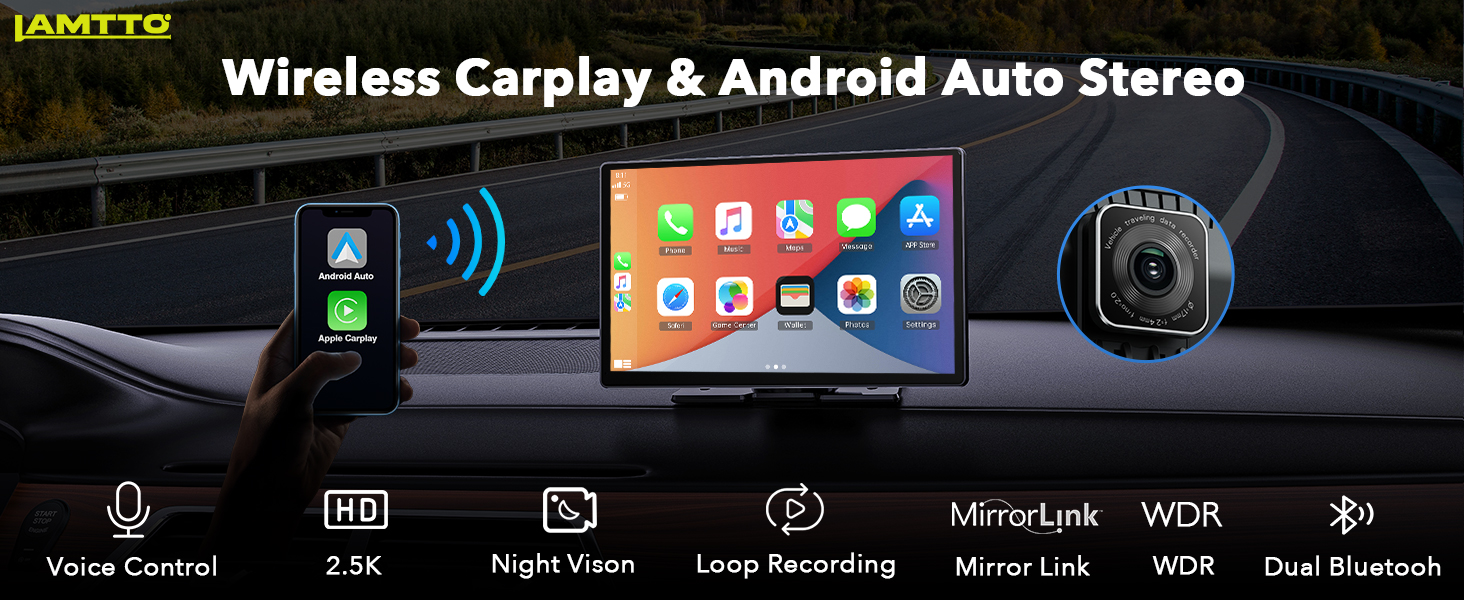LAMTTO Wireless Apple Carplay Car Stereo with Front 2K Dash Cam