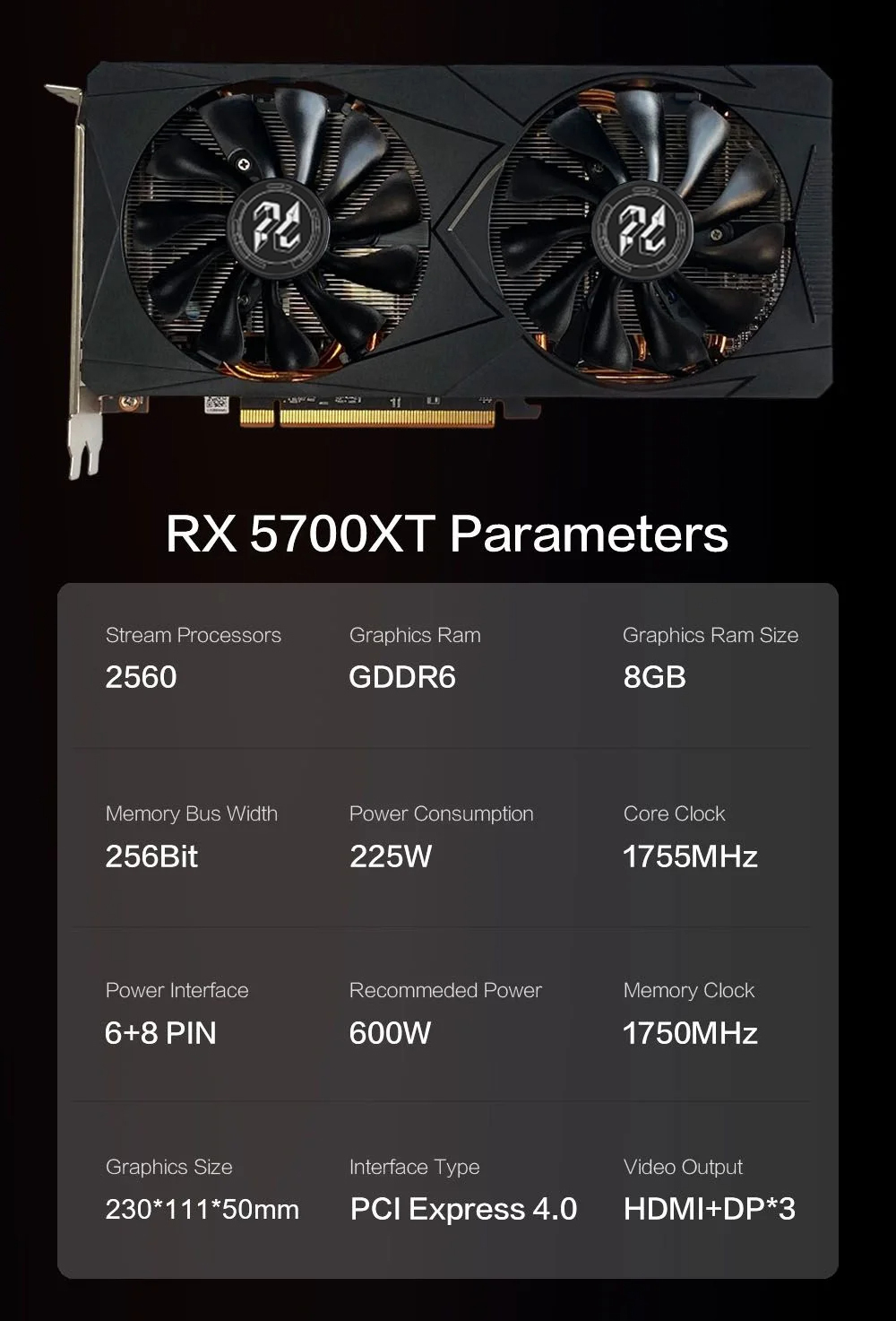 PELADN RX 5700XT 8G Graphics Card 6Pin+8Pin 256Bit GDDR6 CUDA 2560 ...