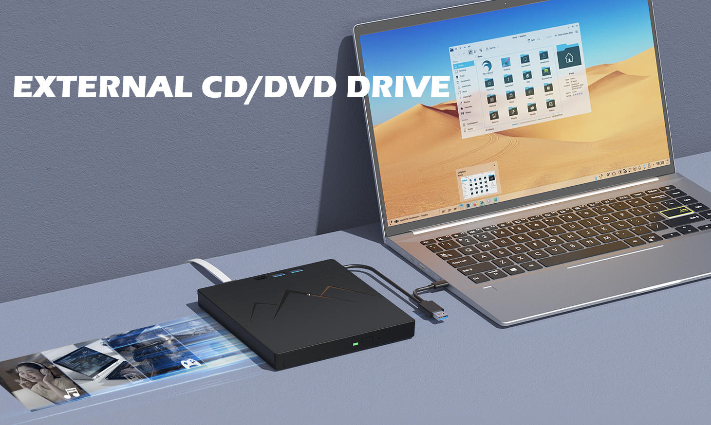 7 in 1 External CD/DVD Drive for Laptop with Ethernet Adapter, Portable CD/DVD Reader Writer