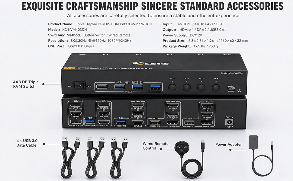KVM Switch 3 Monitors 4 Computers 8K@60Hz 4K@144Hz | Triple Monitor 1 HD-MI + 2 DisplayPort KVM Swit