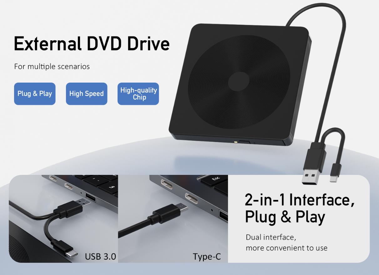 External CD/DVD Drive for Laptop, USB 3.0 & Type-C Portable DVD Burner, CD ROM External DVD Drive fo