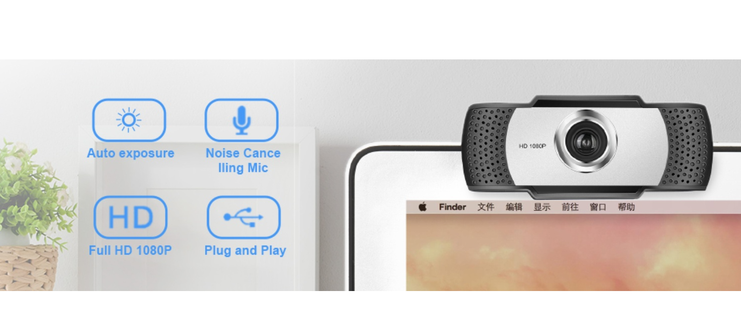 1080P webcam,noise-cancelling mic,plug and play alt:Webcam key features overview