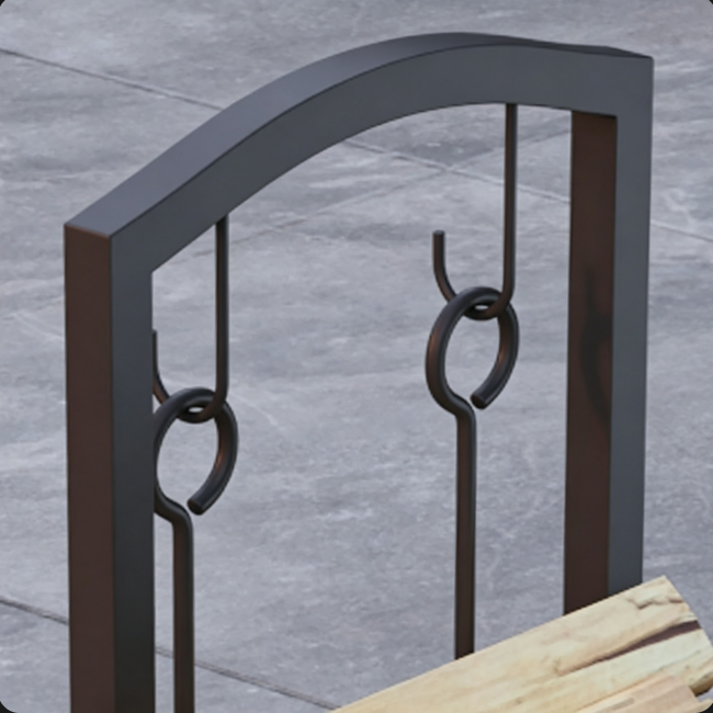 arched frame of firewood rack, fireplace log rack hook detail, metal log rack side hook for fireplac