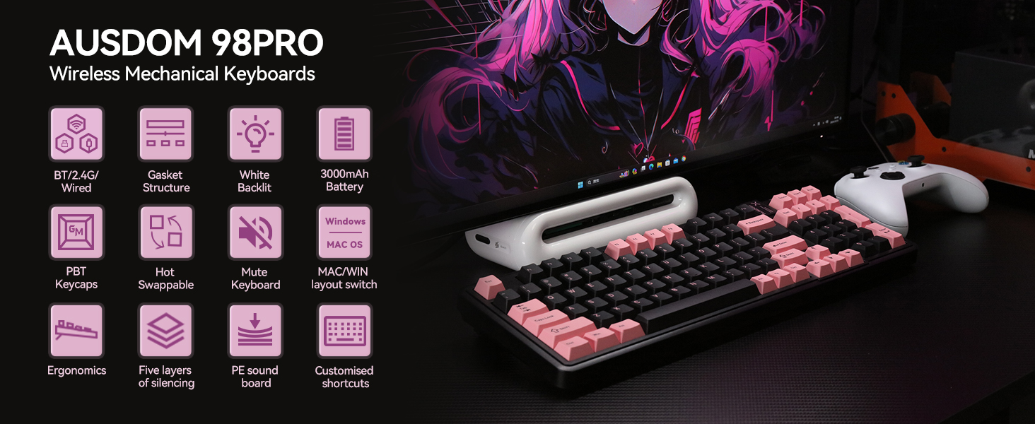AUSDOM 98Pro Silent Wireless Mechanical Keyboard.Pre-lubed Tactile Switches(Green &White-slient)