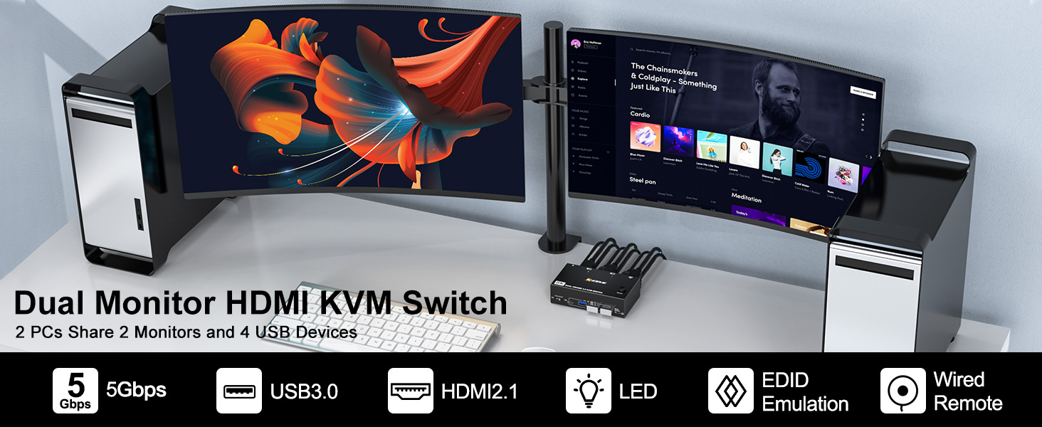 The USB3.0 Dual Monitor HDMI KVM Switch is specially designed for users with 2 PCs and 2 monitors.